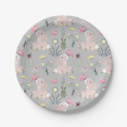 Assiettes En Carton lapin mignon avec fleurs et papillons (Devant)