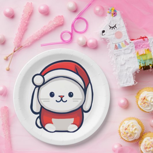 Assiettes En Carton Lapin mignon de Noël en chapeau de Santa (Fête)