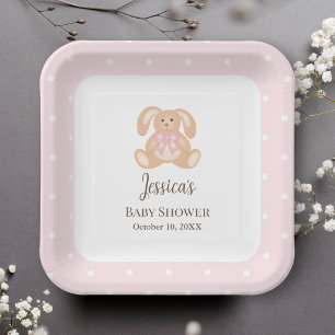 Assiettes En Carton Lapin rose aux pois fille Baby Shower