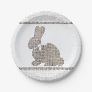Assiettes En Carton Lapin rustique en toile de jute grise blanche pour