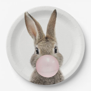 Assiettes En Carton Lapin soufflant un bubble gum rose