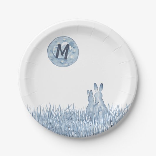 Assiettes En Carton Lapins Bleus Simple, Monogramme Lune Personnalisé, (Devant)