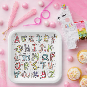 Assiettes En Carton Lapins de l'alphabet, papillons, fées et fleurs