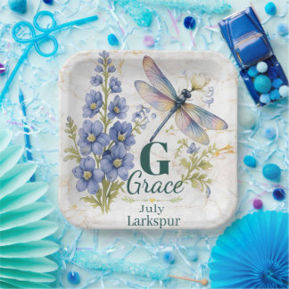 Assiettes En Carton Larkspur Fleur de Naissance de Juillet Libellule P