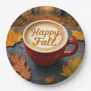 Assiettes En Carton Latte Happy Fall Dans Une Mug Rouge Avec Feuilles 