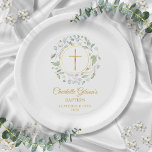 Assiettes En Carton Laurel Garland Faux Gold Foil Baptême Christening<br><div class="desc">Une guirlande de laurier décorative,  des anneaux d'or et un crucifix se trouvent au-dessus de votre baptême spécial ou de l'information de plaque de papier baptisant sur cet élégant design neutre pour les femmes. Conçu par Thisisnotme©</div>