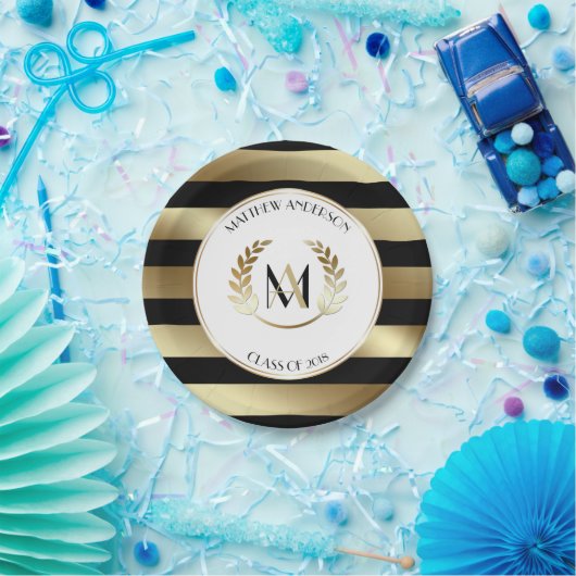Assiettes En Carton Laurel Monogrammed Black and Gold Graduation Party (Fête)
