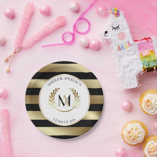 Assiettes En Carton Laurel Monogrammed Black and Gold Graduation Party (Fête)