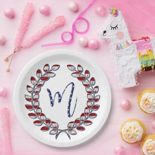 Assiettes En Carton Laurel Wreath Stations and Stripes Monogramme M (Fête)