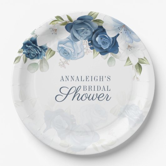Assiettes En Carton Lavage de mariage botanique floral bleu poussiéreu (Devant)