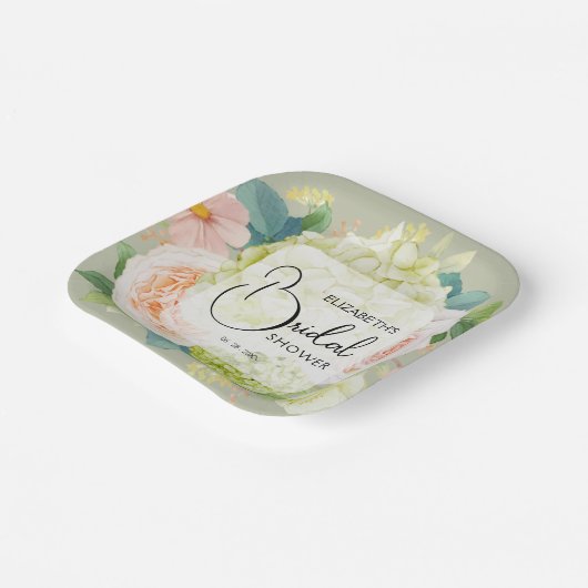 Assiettes En Carton Lavage Floral Aquarelle Vert Sauge Mariage (Angulaire)