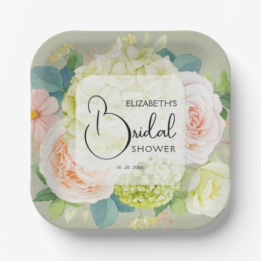 Assiettes En Carton Lavage Floral Aquarelle Vert Sauge Mariage (Recto)