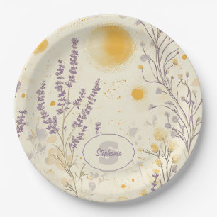 Assiettes En Carton Lavande blanche et motif floral jaune