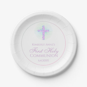 Assiettes En Carton Lavande croisée florale de première communion