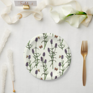 Assiettes En Carton Lavande et papillons sur blanc