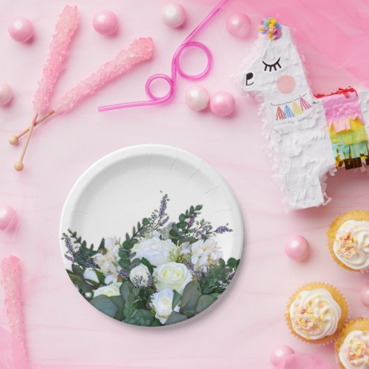 Assiettes En Carton Lavande Eucalyptus blanc roses verdure
