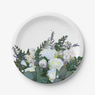 Assiettes En Carton Lavande Eucalyptus blanc roses verdure