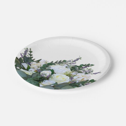 Assiettes En Carton Lavande Eucalyptus blanc roses verdure (Angle)