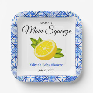 Assiettes En Carton Le Baby shower principal de Mama en carreaux bleus