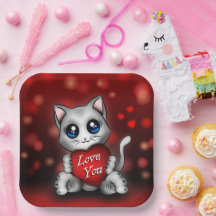 Assiettes En Carton Le chaton t'aime