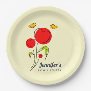 Assiettes En Carton Le coeur rouge mignon fleurit l'anniversaire