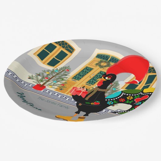Assiettes En Carton Le coq portugais avec un cadeau de Noël (Angle)