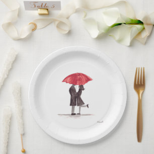 Assiettes En Carton Le couple romantique de Saint Valentin avec parapl