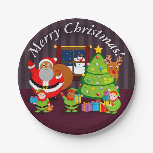 Assiettes En Carton Le Père Noël noir distribue des cadeaux de Noël, (Devant)