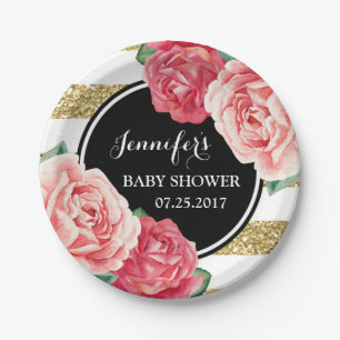 Assiettes En Carton Le rose fleurit le plat noir de baby shower de