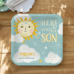 Assiettes En Carton Le soleil lunaire rétro vient ici le baby shower f<br><div class="desc">Voici notre adorable assiette de baby shower "Here Comes the Son". Cette assiette fantaisiste est ornée d'un charmant soleil peint à la main avec un visage convivial, entouré de nuages moelleux et d'étoiles scintillantes, le tout dressé contre un arrière - plan bleu ciel doux. Parfait pour ajouter une touche de...</div>