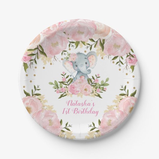 Assiettes En Carton L'éléphant mignon de bébé rougissent anniversaire (Devant)