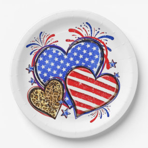 Assiettes En Carton Leopard American Flag Heart 4 juillet USA