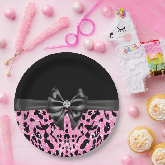 Assiettes En Carton Léopard de Parties scintillant rose noir noir glam (Fête)