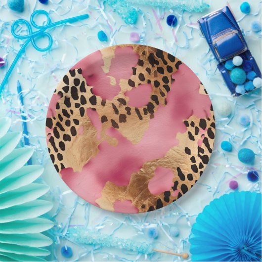 Assiettes En Carton Léopard doré rose (Fête)