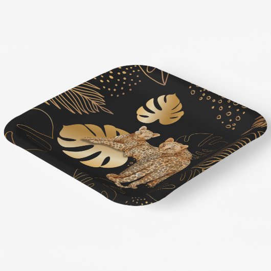 Assiettes En Carton Léopard feuille d'or noir (Angulaire)