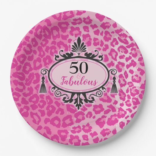 Assiettes En Carton Leopard rose 50 et fabuleux 50e anniversaire (Devant)