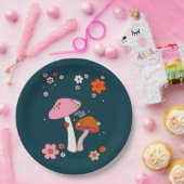 Assiettes En Carton Les années 70 Champignons Rétro Et Fleurs Bleu Mar (Fête)