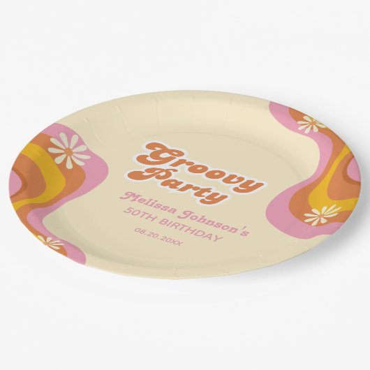 Assiettes En Carton les années 70 Retro Super fêtes daisées Peach Anni (Angle)