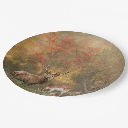 Assiettes En Carton Les cerfs dans la forêt d'automne (Angle)
