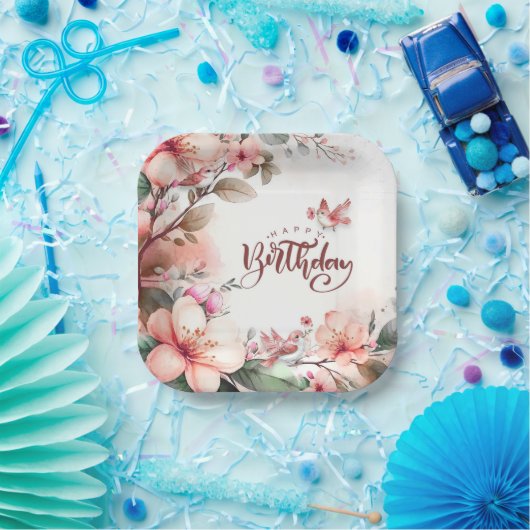 Assiettes En Carton Les fleurs de Magnolia rose et les oiseaux Joyeux (Fête)