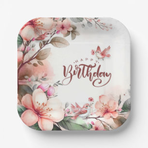 Assiettes En Carton Les fleurs de Magnolia rose et les oiseaux Joyeux