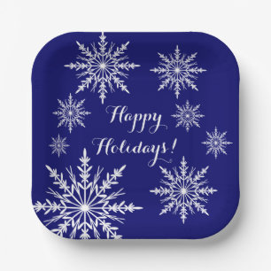 Assiettes En Carton Les flocons blancs sur Blue Happy Holidays