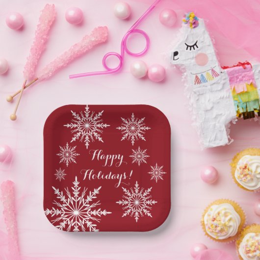 Assiettes En Carton Les flocons blancs sur Red Happy Holidays (Fête)