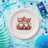 Assiettes En Carton Les mignons renards orange en amour (Fête)