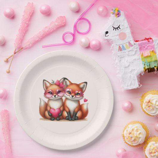 Assiettes En Carton Les mignons renards orange en amour (Fête)