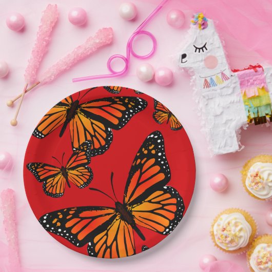 Assiettes En Carton Les papillons Monarques en rouge (Fête)