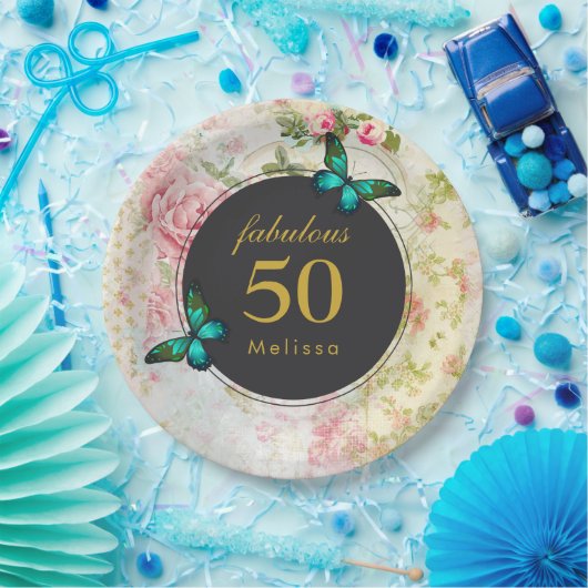 Assiettes En Carton Les papillons vert émeraude sur Shabby Motif (Fête)