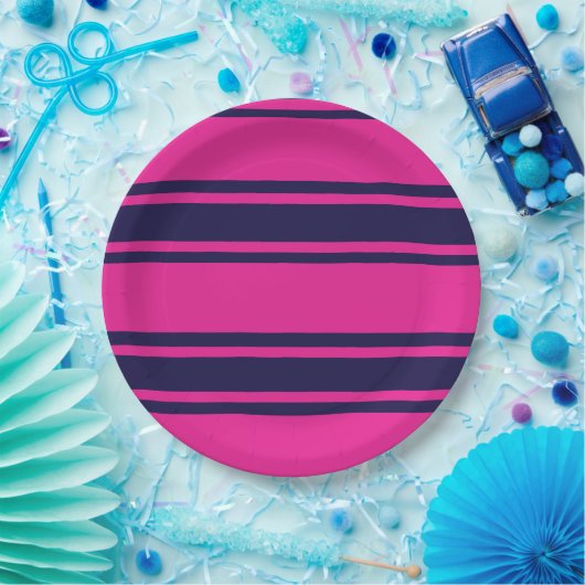 Assiettes En Carton Les rayures de la marine rose (Fête)