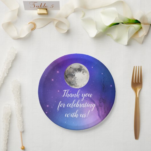 Assiettes En Carton L'Espace Extérieur Violet Étoiles Sur La Lune Céle (Mariage)
