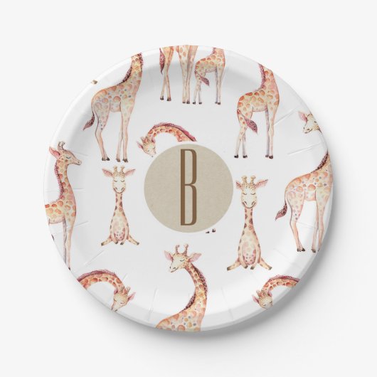 Assiettes En Carton LETTRE Baby shower Tan Giraffes MONOGRAPHE INITIAL (Devant)